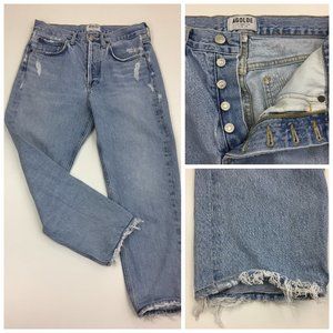 AGOLDE Light Wash Slouchy Look Distressed Raw Hem Button Fly 5 Pocket Jeans